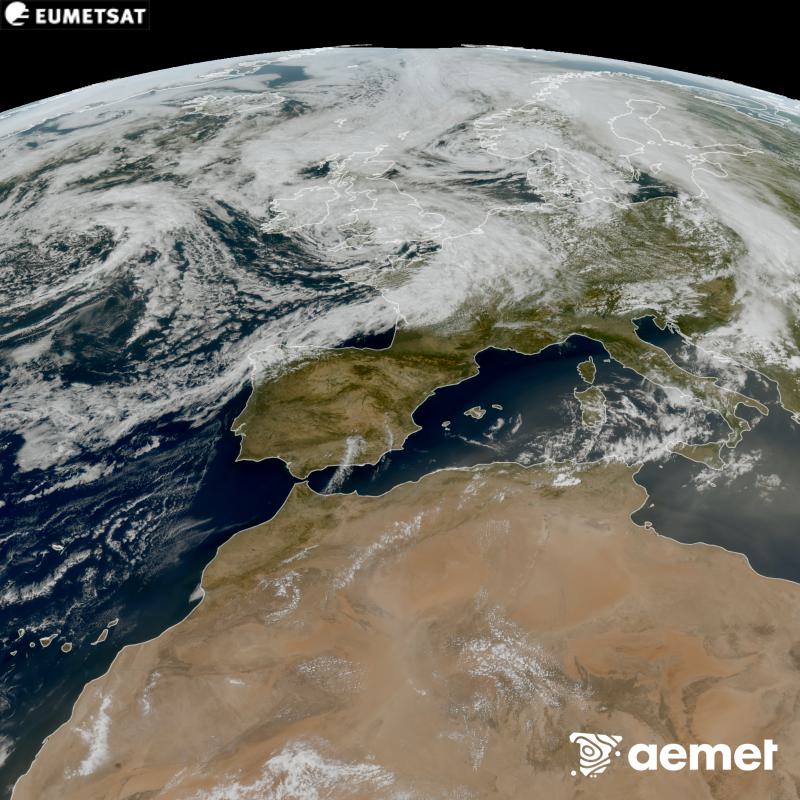 Aquesta imatge RGB es genera utilitzant informaci� dels canals visibles del sat�l�lit METEOSAT-12, pertanyent a la tercera generaci� de sat�l�lits Meteosat (MTG). Per aquest motiu, nom�s hi ha informaci� en la zona il�luminada pel sol. Ens mostra una imatge amb una aparen�a molt similar a la que percebria l'ull hum� des de l'espai. Les hores indicades es refereixen a la pen�nsula (una hora menys a les Illes Can�ries).&nbsp;dissabte, 29 d?agost  2026 15:00