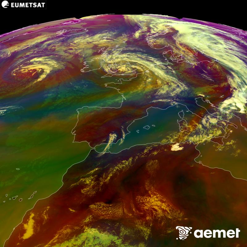Cette image RVB est g�n�r�e � partir des donn�es des canaux infrarouges et de vapeur d'eau du satellite METEOSAT-12, qui fait partie de la troisi�me g�n�ration de satellites Meteosat (MTG). Elle donne une id�e des caract�ristiques des masses d'air. Les heures indiqu�es se rapportent � la p�ninsule (une heure de moins aux �les Canaries).&nbsp;samedi, 29 ao�t  2026 16:00