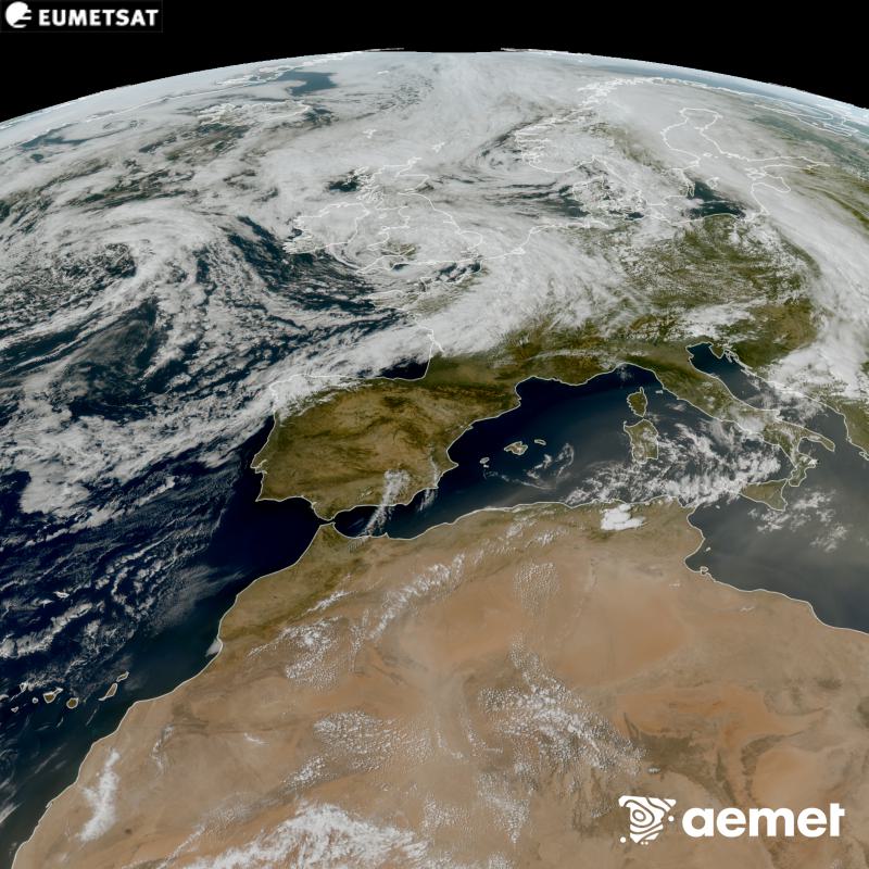 Aquesta imatge RGB es genera utilitzant informaci� dels canals visibles del sat�l�lit METEOSAT-12, pertanyent a la tercera generaci� de sat�l�lits Meteosat (MTG). Per aquest motiu, nom�s hi ha informaci� en la zona il�luminada pel sol. Ens mostra una imatge amb una aparen�a molt similar a la que percebria l'ull hum� des de l'espai. Les hores indicades es refereixen a la pen�nsula (una hora menys a les Illes Can�ries).&nbsp;dissabte, 29 d?agost  2026 16:00