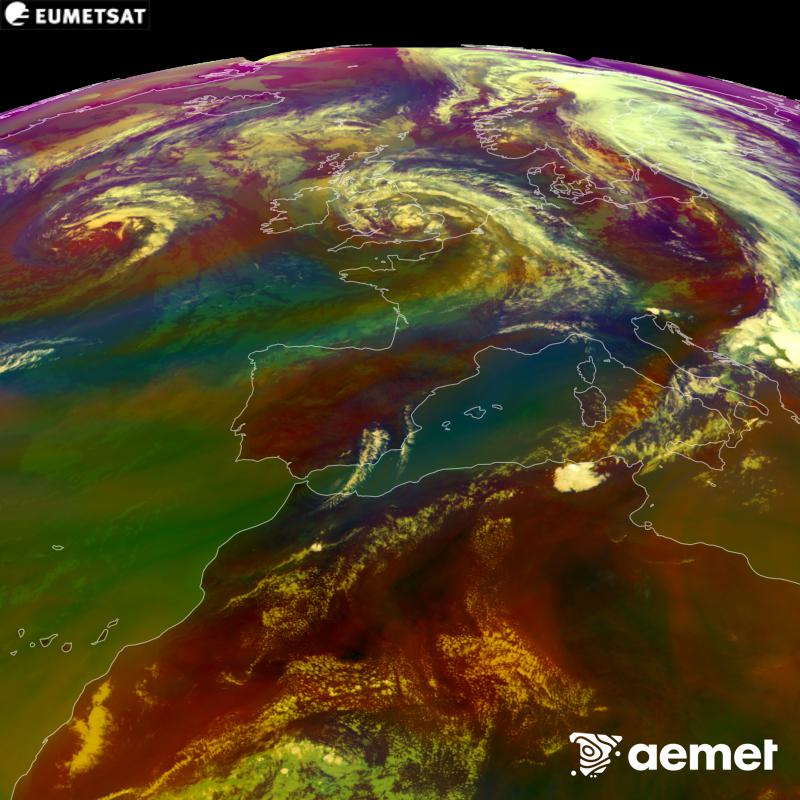 Cette image RVB est g�n�r�e � partir des donn�es des canaux infrarouges et de vapeur d'eau du satellite METEOSAT-12, qui fait partie de la troisi�me g�n�ration de satellites Meteosat (MTG). Elle donne une id�e des caract�ristiques des masses d'air. Les heures indiqu�es se rapportent � la p�ninsule (une heure de moins aux �les Canaries).&nbsp;samedi, 29 ao�t  2026 17:00