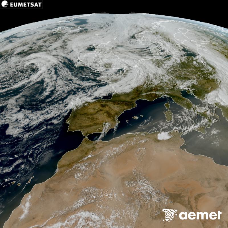Aquesta imatge RGB es genera utilitzant informaci� dels canals visibles del sat�l�lit METEOSAT-12, pertanyent a la tercera generaci� de sat�l�lits Meteosat (MTG). Per aquest motiu, nom�s hi ha informaci� en la zona il�luminada pel sol. Ens mostra una imatge amb una aparen�a molt similar a la que percebria l'ull hum� des de l'espai. Les hores indicades es refereixen a la pen�nsula (una hora menys a les Illes Can�ries).&nbsp;dissabte, 29 d?agost  2026 17:00
