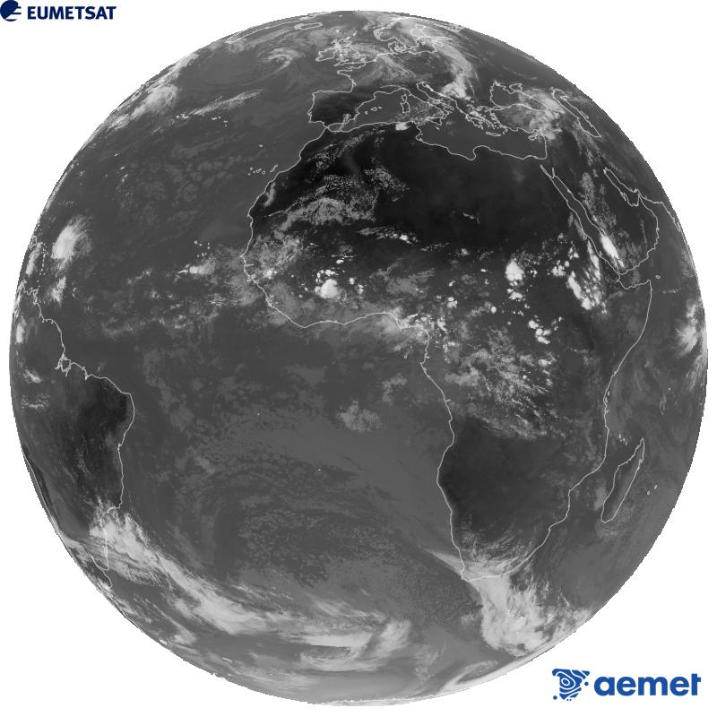Imatge global del canal infraroig (longitud d'ona 10.5 �m) del sat�l�lit geoestacionari europeu Meteosat-12, pertanyent a la tercera generaci� de sat�l�lits Meteosat. Les hores indicades es refereixen a la pen�nsula (una hora menys a les Illes Can�ries).&nbsp;dissabte, 29 d?agost  2026 17:00