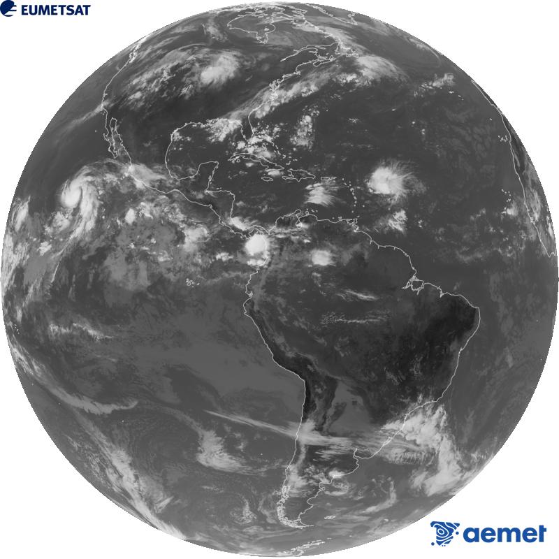 Imatge global del canal infraroig (longitud d'ona 10.3 �m) del sat�l�lit geoestacionari estatunidenc GOES-19. Les hores indicades es refereixen a la pen�nsula (una hora menys a les Illes Can�ries).&nbsp;dissabte, 29 d?agost  2026 17:00
