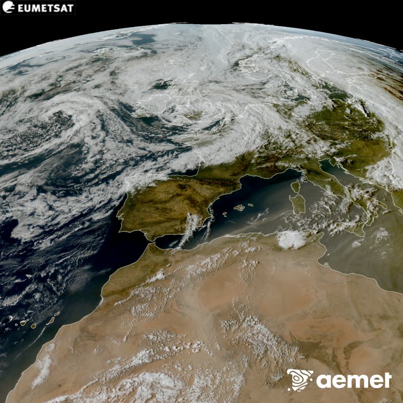 Aquesta imatge RGB es genera utilitzant informaci� dels canals visibles del sat�l�lit METEOSAT-12, pertanyent a la tercera generaci� de sat�l�lits Meteosat (MTG). Per aquest motiu, nom�s hi ha informaci� en la zona il�luminada pel sol. Ens mostra una imatge amb una aparen�a molt similar a la que percebria l'ull hum� des de l'espai. Les hores indicades es refereixen a la pen�nsula (una hora menys a les Illes Can�ries).&nbsp;dissabte, 29 d?agost  2026 18:00