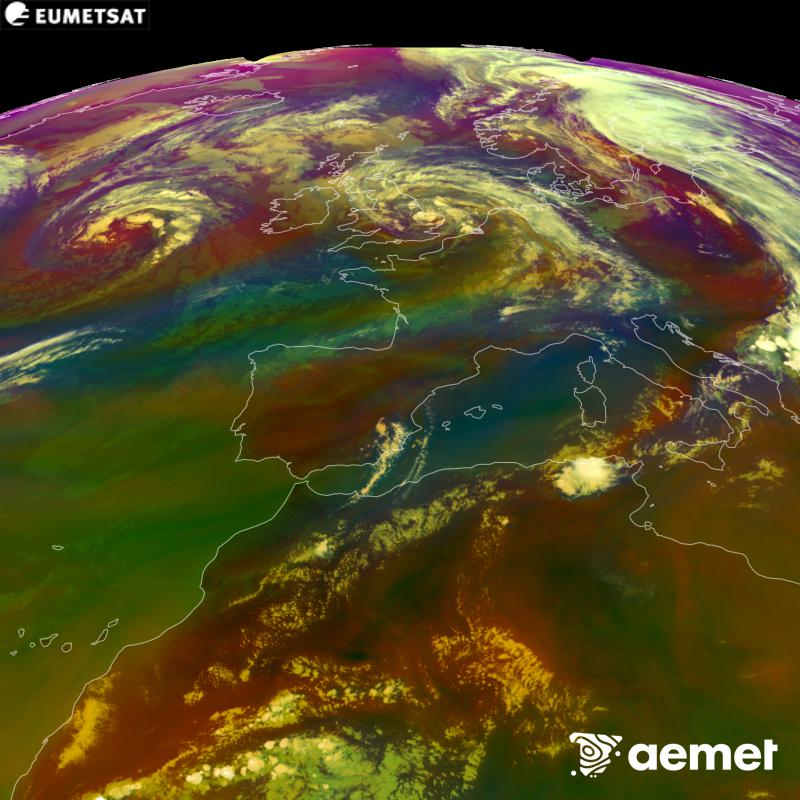 Cette image RVB est g�n�r�e � partir des donn�es des canaux infrarouges et de vapeur d'eau du satellite METEOSAT-12, qui fait partie de la troisi�me g�n�ration de satellites Meteosat (MTG). Elle donne une id�e des caract�ristiques des masses d'air. Les heures indiqu�es se rapportent � la p�ninsule (une heure de moins aux �les Canaries).&nbsp;samedi, 29 ao�t  2026 19:00