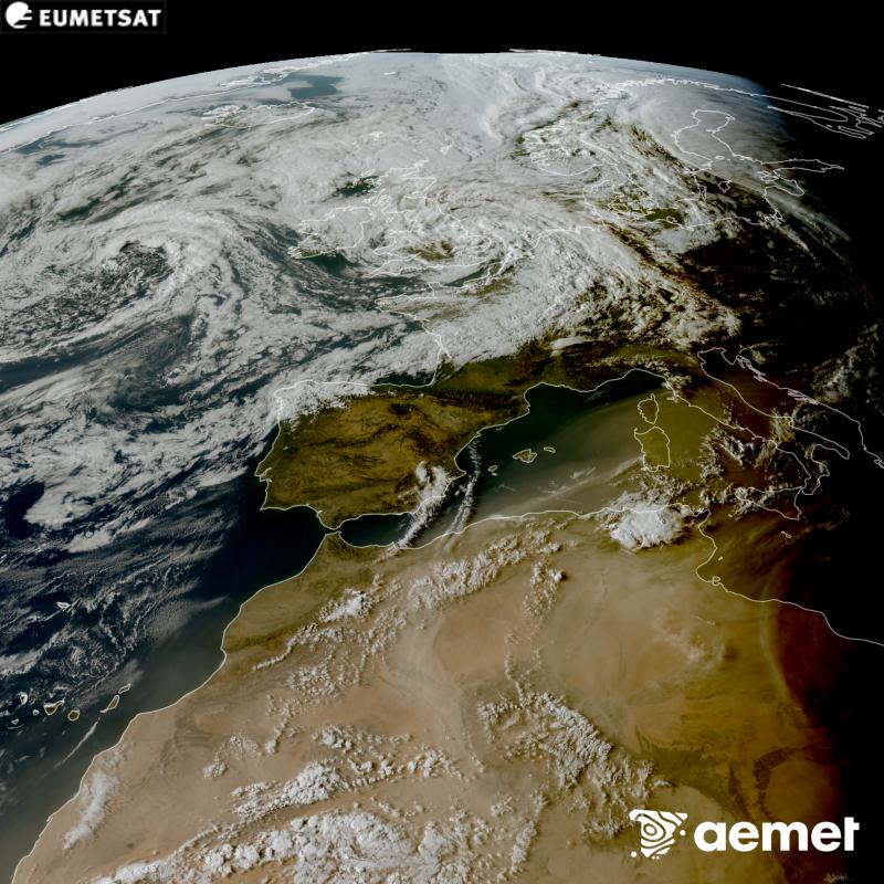 Aquesta imatge RGB es genera utilitzant informaci� dels canals visibles del sat�l�lit METEOSAT-12, pertanyent a la tercera generaci� de sat�l�lits Meteosat (MTG). Per aquest motiu, nom�s hi ha informaci� en la zona il�luminada pel sol. Ens mostra una imatge amb una aparen�a molt similar a la que percebria l'ull hum� des de l'espai. Les hores indicades es refereixen a la pen�nsula (una hora menys a les Illes Can�ries).&nbsp;dissabte, 29 d?agost  2026 19:00