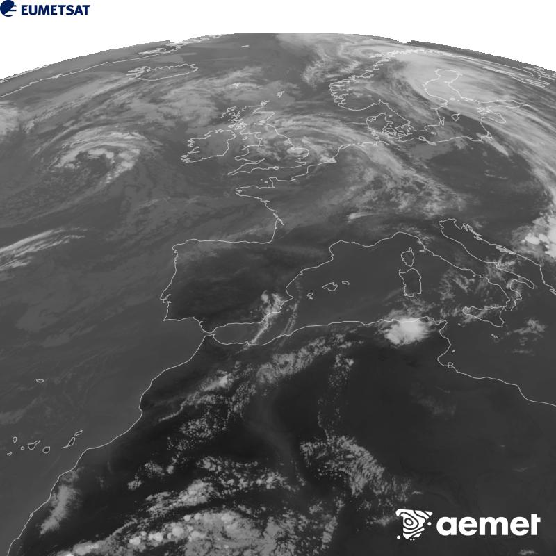 Aquesta imatge es genera utilitzant informaci� del canal Infraroig 10.5 �m del sat�l�lit METEOSAT-12, pertanyent a la tercera generaci� de sat�l�lits Meteosat (MTG). Perqu� la imatge s'assembli m�s a la percepci� de l'ull hum�, l'escala de grises est� invertida. Les hores indicades es refereixen a la pen�nsula (una hora menys a les Illes Can�ries).&nbsp;dissabte, 29 d?agost  2026 19:00