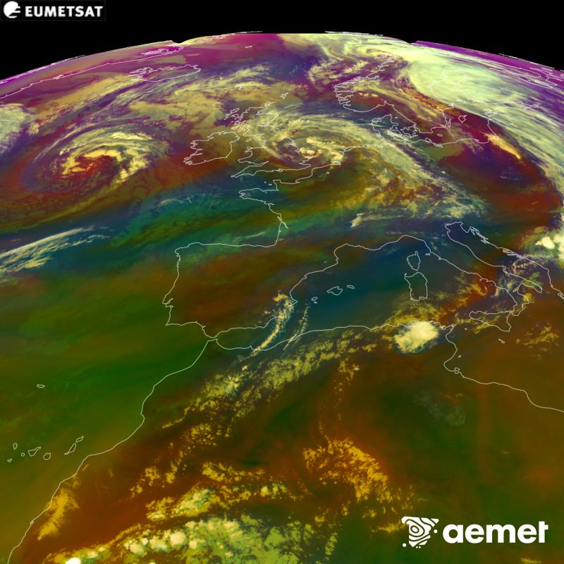 Cette image RVB est g�n�r�e � partir des donn�es des canaux infrarouges et de vapeur d'eau du satellite METEOSAT-12, qui fait partie de la troisi�me g�n�ration de satellites Meteosat (MTG). Elle donne une id�e des caract�ristiques des masses d'air. Les heures indiqu�es se rapportent � la p�ninsule (une heure de moins aux �les Canaries).&nbsp;samedi, 29 ao�t  2026 20:00