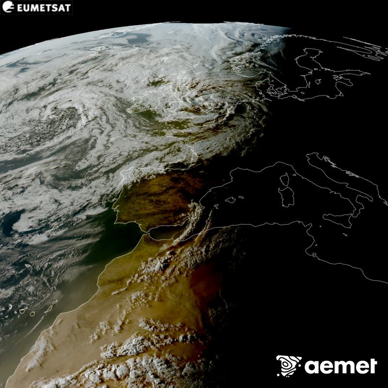 Aquesta imatge RGB es genera utilitzant informaci� dels canals visibles del sat�l�lit METEOSAT-12, pertanyent a la tercera generaci� de sat�l�lits Meteosat (MTG). Per aquest motiu, nom�s hi ha informaci� en la zona il�luminada pel sol. Ens mostra una imatge amb una aparen�a molt similar a la que percebria l'ull hum� des de l'espai. Les hores indicades es refereixen a la pen�nsula (una hora menys a les Illes Can�ries).&nbsp;dissabte, 29 d?agost  2026 20:00