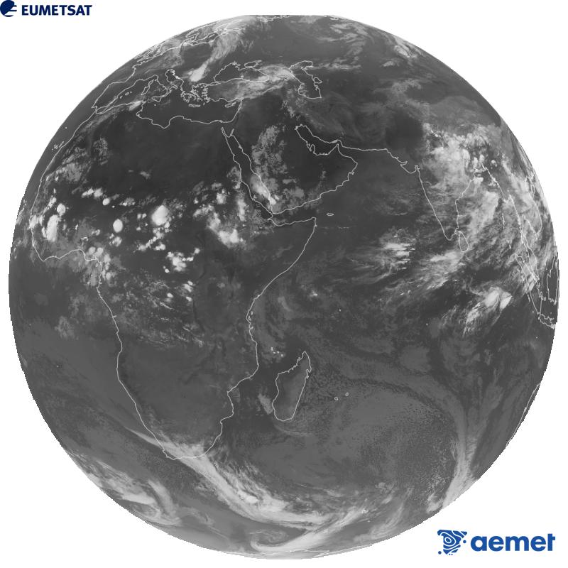 Imatge global del canal infraroig (longitud d'ona 10.8 �m) del sat�l�lit geoestacionari europeu Meteosat-9, pertanyent a la segona generaci� de sat�l�lits Meteosat. Les hores indicades es refereixen a la pen�nsula (una hora menys a les Illes Can�ries).&nbsp;dissabte, 29 d?agost  2026 20:00