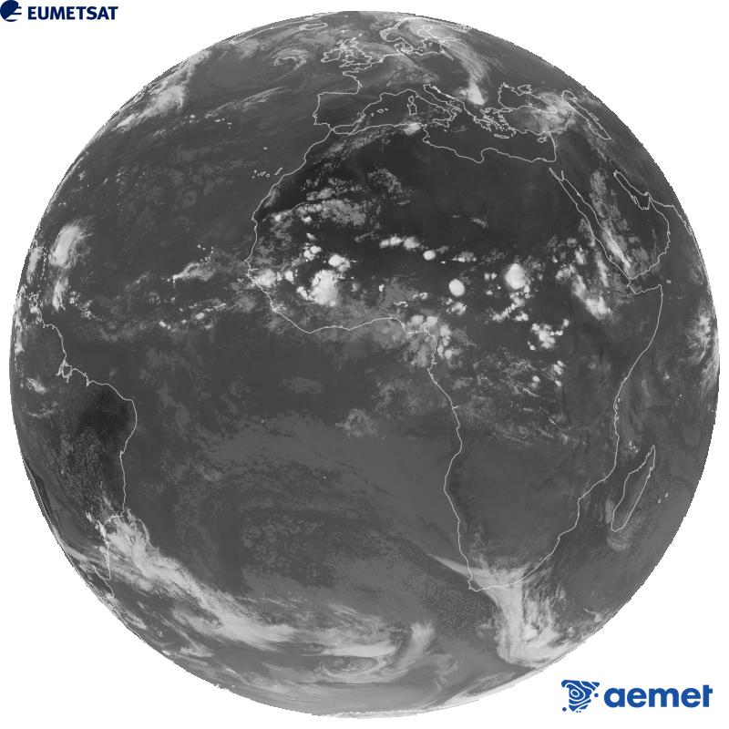 Imatge global del canal infraroig (longitud d'ona 10.5 �m) del sat�l�lit geoestacionari europeu Meteosat-12, pertanyent a la tercera generaci� de sat�l�lits Meteosat. Les hores indicades es refereixen a la pen�nsula (una hora menys a les Illes Can�ries).&nbsp;dissabte, 29 d?agost  2026 20:00