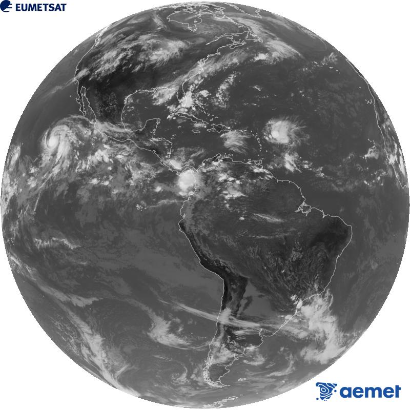 Imatge global del canal infraroig (longitud d'ona 10.3 �m) del sat�l�lit geoestacionari estatunidenc GOES-19. Les hores indicades es refereixen a la pen�nsula (una hora menys a les Illes Can�ries).&nbsp;dissabte, 29 d?agost  2026 20:00