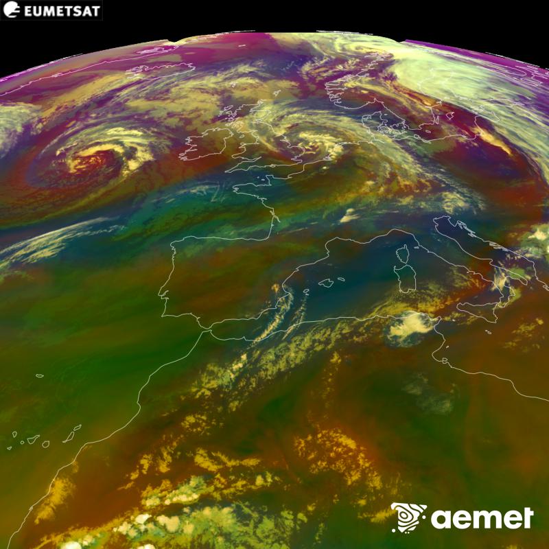Cette image RVB est g�n�r�e � partir des donn�es des canaux infrarouges et de vapeur d'eau du satellite METEOSAT-12, qui fait partie de la troisi�me g�n�ration de satellites Meteosat (MTG). Elle donne une id�e des caract�ristiques des masses d'air. Les heures indiqu�es se rapportent � la p�ninsule (une heure de moins aux �les Canaries).&nbsp;samedi, 29 ao�t  2026 21:00
