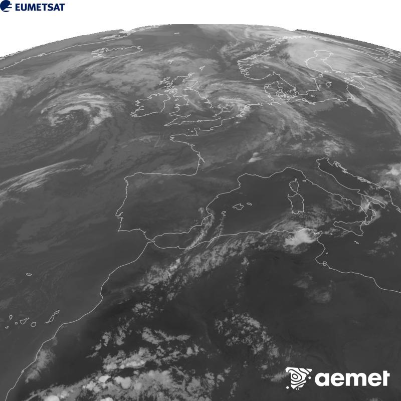 Aquesta imatge es genera utilitzant informaci� del canal Infraroig 10.5 �m del sat�l�lit METEOSAT-12, pertanyent a la tercera generaci� de sat�l�lits Meteosat (MTG). Perqu� la imatge s'assembli m�s a la percepci� de l'ull hum�, l'escala de grises est� invertida. Les hores indicades es refereixen a la pen�nsula (una hora menys a les Illes Can�ries).&nbsp;dissabte, 29 d?agost  2026 21:00