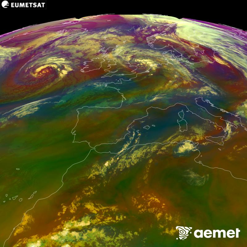 Cette image RVB est g�n�r�e � partir des donn�es des canaux infrarouges et de vapeur d'eau du satellite METEOSAT-12, qui fait partie de la troisi�me g�n�ration de satellites Meteosat (MTG). Elle donne une id�e des caract�ristiques des masses d'air. Les heures indiqu�es se rapportent � la p�ninsule (une heure de moins aux �les Canaries).&nbsp;samedi, 29 ao�t  2026 22:00