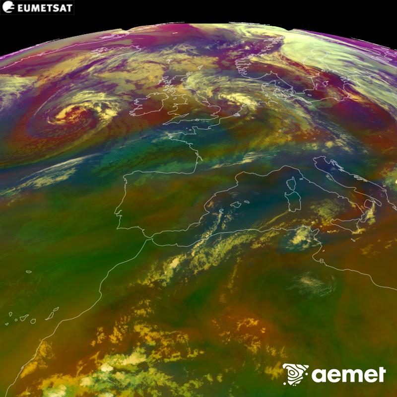 Cette image RVB est g�n�r�e � partir des donn�es des canaux infrarouges et de vapeur d'eau du satellite METEOSAT-12, qui fait partie de la troisi�me g�n�ration de satellites Meteosat (MTG). Elle donne une id�e des caract�ristiques des masses d'air. Les heures indiqu�es se rapportent � la p�ninsule (une heure de moins aux �les Canaries).&nbsp;samedi, 29 ao�t  2026 23:00
