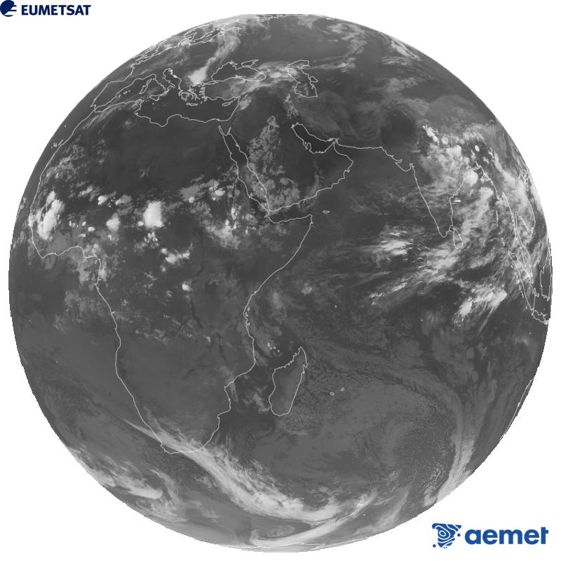 Imatge global del canal infraroig (longitud d'ona 10.8 �m) del sat�l�lit geoestacionari europeu Meteosat-9, pertanyent a la segona generaci� de sat�l�lits Meteosat. Les hores indicades es refereixen a la pen�nsula (una hora menys a les Illes Can�ries).&nbsp;dissabte, 29 d?agost  2026 23:00