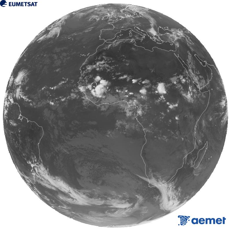 Imatge global del canal infraroig (longitud d'ona 10.5 �m) del sat�l�lit geoestacionari europeu Meteosat-12, pertanyent a la tercera generaci� de sat�l�lits Meteosat. Les hores indicades es refereixen a la pen�nsula (una hora menys a les Illes Can�ries).&nbsp;dissabte, 29 d?agost  2026 23:00