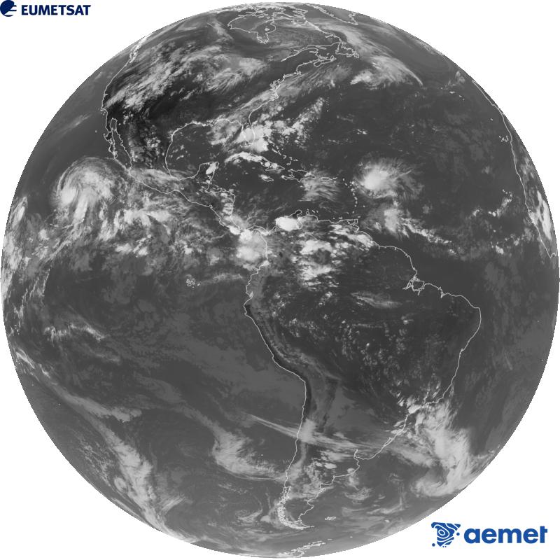 Imatge global del canal infraroig (longitud d'ona 10.3 �m) del sat�l�lit geoestacionari estatunidenc GOES-19. Les hores indicades es refereixen a la pen�nsula (una hora menys a les Illes Can�ries).&nbsp;dissabte, 29 d?agost  2026 23:00