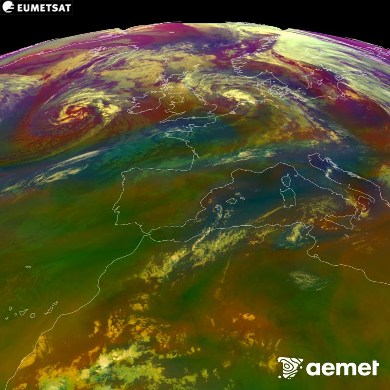 Cette image RVB est g�n�r�e � partir des donn�es des canaux infrarouges et de vapeur d'eau du satellite METEOSAT-12, qui fait partie de la troisi�me g�n�ration de satellites Meteosat (MTG). Elle donne une id�e des caract�ristiques des masses d'air. Les heures indiqu�es se rapportent � la p�ninsule (une heure de moins aux �les Canaries).&nbsp;dimanche, 30 ao�t  2026 00:00
