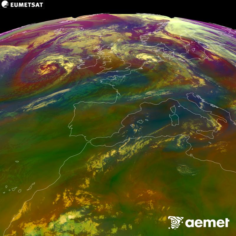 Cette image RVB est g�n�r�e � partir des donn�es des canaux infrarouges et de vapeur d'eau du satellite METEOSAT-12, qui fait partie de la troisi�me g�n�ration de satellites Meteosat (MTG). Elle donne une id�e des caract�ristiques des masses d'air. Les heures indiqu�es se rapportent � la p�ninsule (une heure de moins aux �les Canaries).&nbsp;dimanche, 30 ao�t  2026 01:00