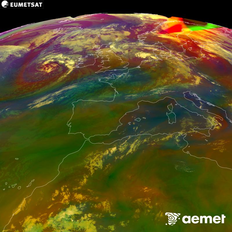 Cette image RVB est g�n�r�e � partir des donn�es des canaux infrarouges et de vapeur d'eau du satellite METEOSAT-12, qui fait partie de la troisi�me g�n�ration de satellites Meteosat (MTG). Elle donne une id�e des caract�ristiques des masses d'air. Les heures indiqu�es se rapportent � la p�ninsule (une heure de moins aux �les Canaries).&nbsp;dimanche, 30 ao�t  2026 02:00