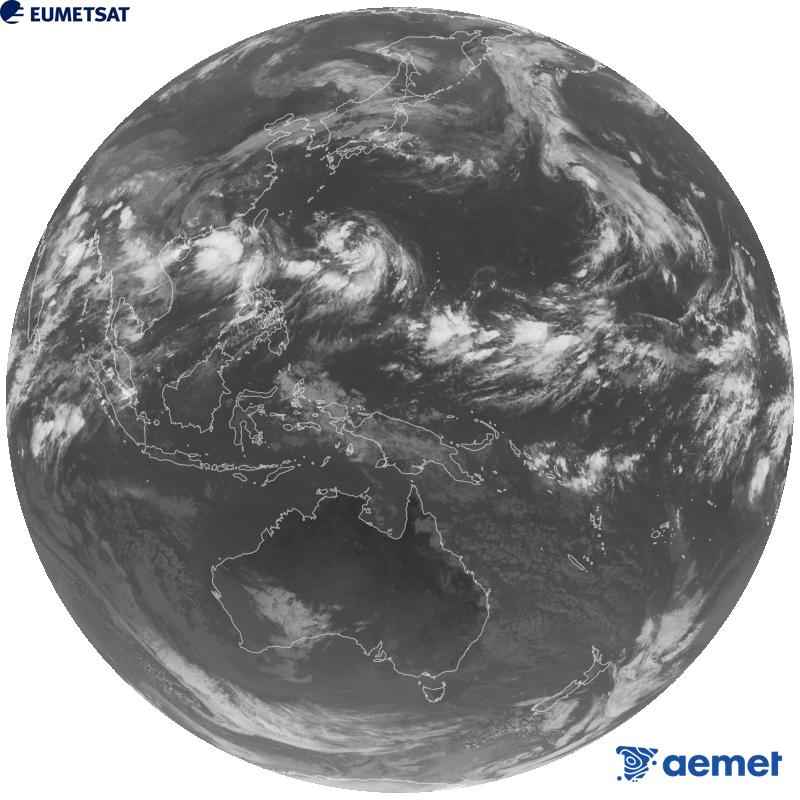 Imatge global del canal infraroig (longitud d'ona 10.4 �m) del sat�l�lit geoestacionari japon�s Himawari-9. Les hores indicades es refereixen a la pen�nsula (una hora menys a les Illes Can�ries).&nbsp;diumenge, 30 d?agost  2026 02:00