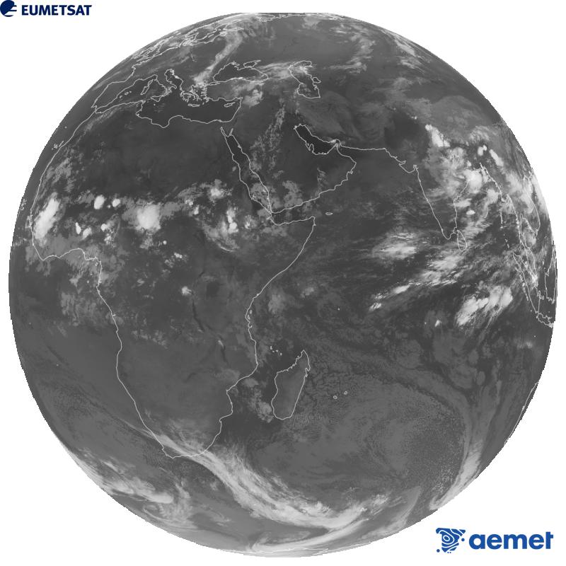Imatge global del canal infraroig (longitud d'ona 10.8 �m) del sat�l�lit geoestacionari europeu Meteosat-9, pertanyent a la segona generaci� de sat�l�lits Meteosat. Les hores indicades es refereixen a la pen�nsula (una hora menys a les Illes Can�ries).&nbsp;diumenge, 30 d?agost  2026 02:00