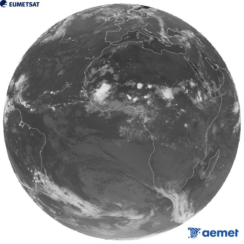 Imatge global del canal infraroig (longitud d'ona 10.5 �m) del sat�l�lit geoestacionari europeu Meteosat-12, pertanyent a la tercera generaci� de sat�l�lits Meteosat. Les hores indicades es refereixen a la pen�nsula (una hora menys a les Illes Can�ries).&nbsp;diumenge, 30 d?agost  2026 02:00