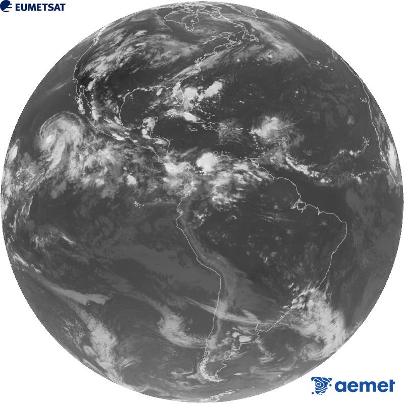 Imatge global del canal infraroig (longitud d'ona 10.3 �m) del sat�l�lit geoestacionari estatunidenc GOES-19. Les hores indicades es refereixen a la pen�nsula (una hora menys a les Illes Can�ries).&nbsp;diumenge, 30 d?agost  2026 02:00