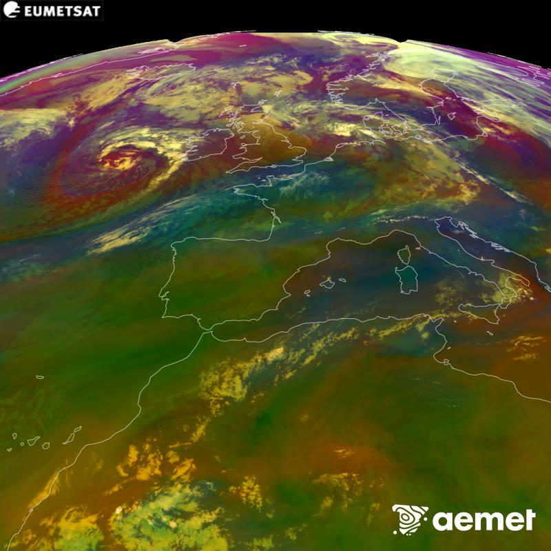 Cette image RVB est g�n�r�e � partir des donn�es des canaux infrarouges et de vapeur d'eau du satellite METEOSAT-12, qui fait partie de la troisi�me g�n�ration de satellites Meteosat (MTG). Elle donne une id�e des caract�ristiques des masses d'air. Les heures indiqu�es se rapportent � la p�ninsule (une heure de moins aux �les Canaries).&nbsp;dimanche, 30 ao�t  2026 03:00