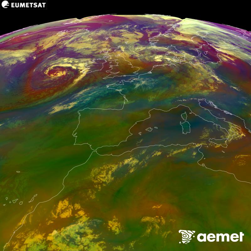 Cette image RVB est g�n�r�e � partir des donn�es des canaux infrarouges et de vapeur d'eau du satellite METEOSAT-12, qui fait partie de la troisi�me g�n�ration de satellites Meteosat (MTG). Elle donne une id�e des caract�ristiques des masses d'air. Les heures indiqu�es se rapportent � la p�ninsule (une heure de moins aux �les Canaries).&nbsp;dimanche, 30 ao�t  2026 04:00