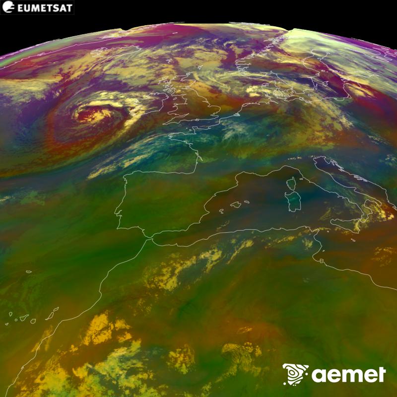 Cette image RVB est g�n�r�e � partir des donn�es des canaux infrarouges et de vapeur d'eau du satellite METEOSAT-12, qui fait partie de la troisi�me g�n�ration de satellites Meteosat (MTG). Elle donne une id�e des caract�ristiques des masses d'air. Les heures indiqu�es se rapportent � la p�ninsule (une heure de moins aux �les Canaries).&nbsp;dimanche, 30 ao�t  2026 05:00