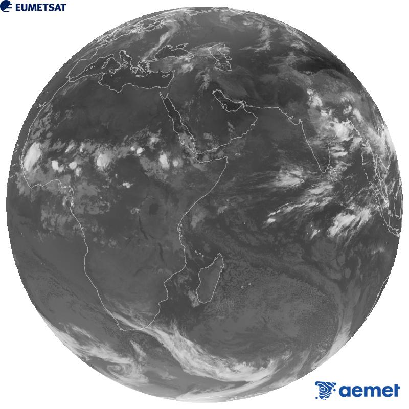 Imatge global del canal infraroig (longitud d'ona 10.8 �m) del sat�l�lit geoestacionari europeu Meteosat-9, pertanyent a la segona generaci� de sat�l�lits Meteosat. Les hores indicades es refereixen a la pen�nsula (una hora menys a les Illes Can�ries).&nbsp;diumenge, 30 d?agost  2026 05:00