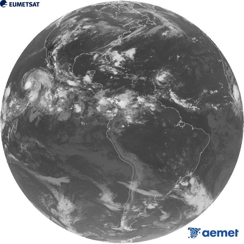 Imatge global del canal infraroig (longitud d'ona 10.3 �m) del sat�l�lit geoestacionari estatunidenc GOES-19. Les hores indicades es refereixen a la pen�nsula (una hora menys a les Illes Can�ries).&nbsp;diumenge, 30 d?agost  2026 05:00