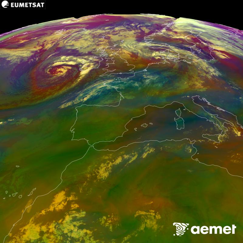 Cette image RVB est g�n�r�e � partir des donn�es des canaux infrarouges et de vapeur d'eau du satellite METEOSAT-12, qui fait partie de la troisi�me g�n�ration de satellites Meteosat (MTG). Elle donne une id�e des caract�ristiques des masses d'air. Les heures indiqu�es se rapportent � la p�ninsule (une heure de moins aux �les Canaries).&nbsp;dimanche, 30 ao�t  2026 06:00