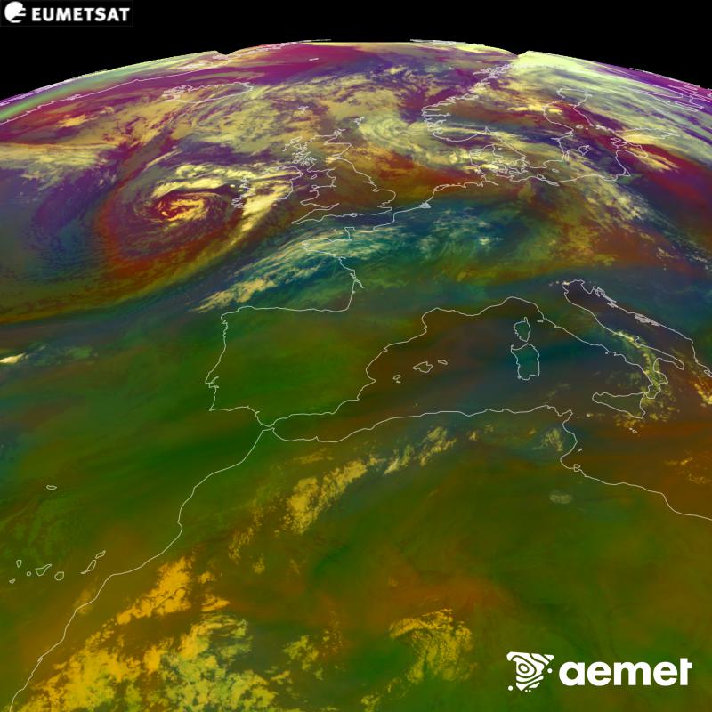 Cette image RVB est g�n�r�e � partir des donn�es des canaux infrarouges et de vapeur d'eau du satellite METEOSAT-12, qui fait partie de la troisi�me g�n�ration de satellites Meteosat (MTG). Elle donne une id�e des caract�ristiques des masses d'air. Les heures indiqu�es se rapportent � la p�ninsule (une heure de moins aux �les Canaries).&nbsp;dimanche, 30 ao�t  2026 07:00