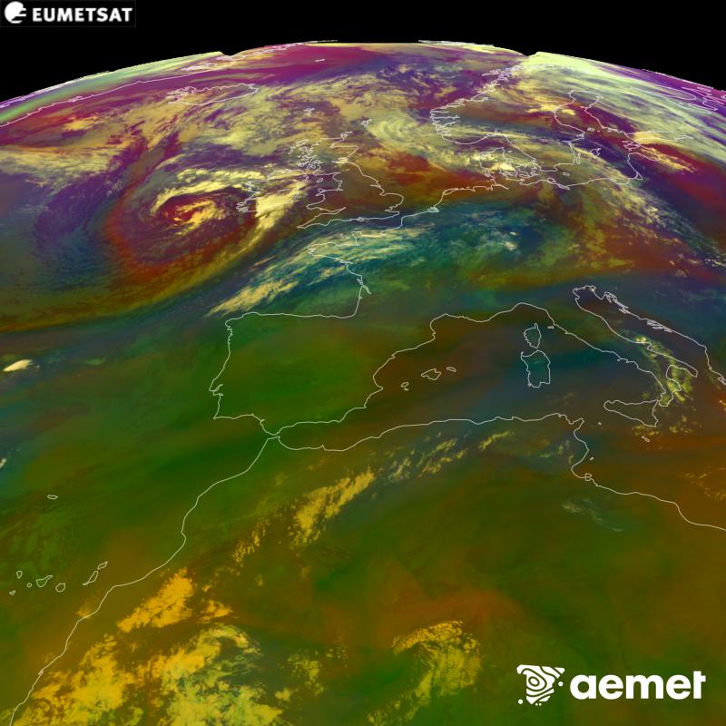 Cette image RVB est g�n�r�e � partir des donn�es des canaux infrarouges et de vapeur d'eau du satellite METEOSAT-12, qui fait partie de la troisi�me g�n�ration de satellites Meteosat (MTG). Elle donne une id�e des caract�ristiques des masses d'air. Les heures indiqu�es se rapportent � la p�ninsule (une heure de moins aux �les Canaries).&nbsp;dimanche, 30 ao�t  2026 08:00