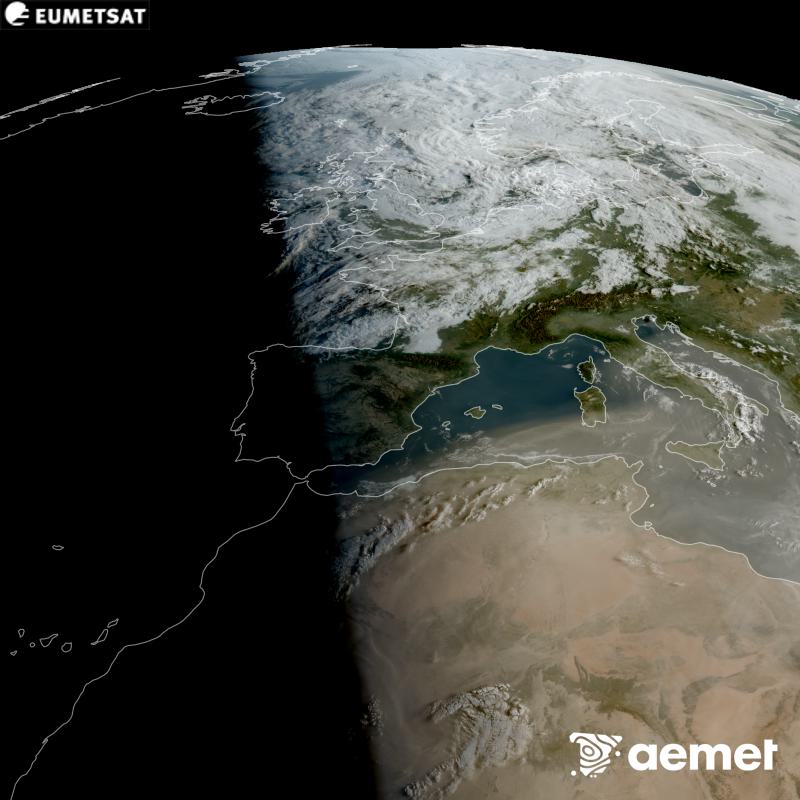 Aquesta imatge RGB es genera utilitzant informaci� dels canals visibles del sat�l�lit METEOSAT-12, pertanyent a la tercera generaci� de sat�l�lits Meteosat (MTG). Per aquest motiu, nom�s hi ha informaci� en la zona il�luminada pel sol. Ens mostra una imatge amb una aparen�a molt similar a la que percebria l'ull hum� des de l'espai. Les hores indicades es refereixen a la pen�nsula (una hora menys a les Illes Can�ries).&nbsp;diumenge, 30 d?agost  2026 08:00