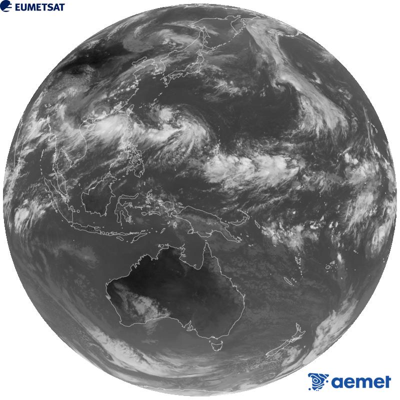 Imatge global del canal infraroig (longitud d'ona 10.4 �m) del sat�l�lit geoestacionari japon�s Himawari-9. Les hores indicades es refereixen a la pen�nsula (una hora menys a les Illes Can�ries).&nbsp;diumenge, 30 d?agost  2026 08:00