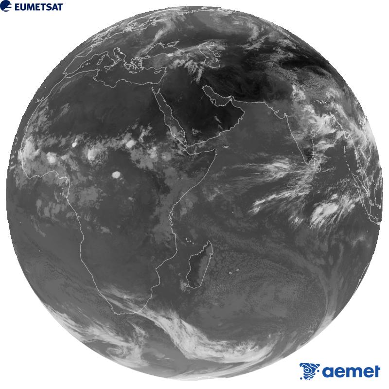 Imatge global del canal infraroig (longitud d'ona 10.8 �m) del sat�l�lit geoestacionari europeu Meteosat-9, pertanyent a la segona generaci� de sat�l�lits Meteosat. Les hores indicades es refereixen a la pen�nsula (una hora menys a les Illes Can�ries).&nbsp;diumenge, 30 d?agost  2026 08:00