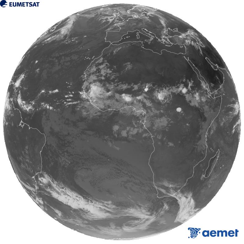 Imatge global del canal infraroig (longitud d'ona 10.5 �m) del sat�l�lit geoestacionari europeu Meteosat-12, pertanyent a la tercera generaci� de sat�l�lits Meteosat. Les hores indicades es refereixen a la pen�nsula (una hora menys a les Illes Can�ries).&nbsp;diumenge, 30 d?agost  2026 08:00