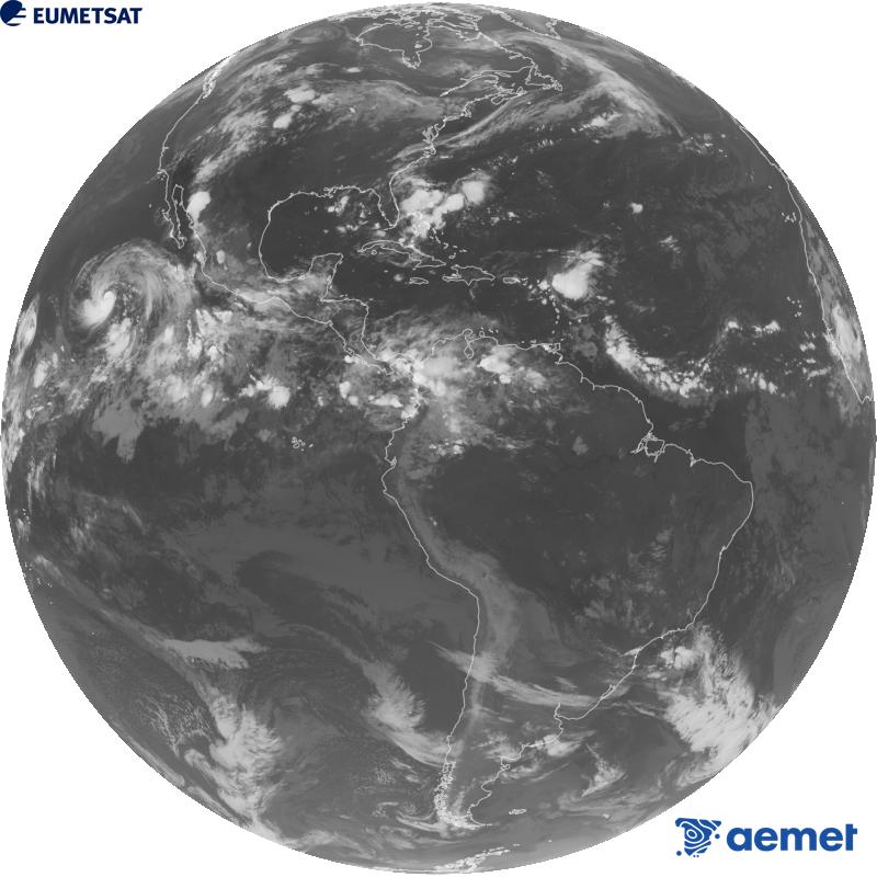 Imatge global del canal infraroig (longitud d'ona 10.3 �m) del sat�l�lit geoestacionari estatunidenc GOES-19. Les hores indicades es refereixen a la pen�nsula (una hora menys a les Illes Can�ries).&nbsp;diumenge, 30 d?agost  2026 08:00