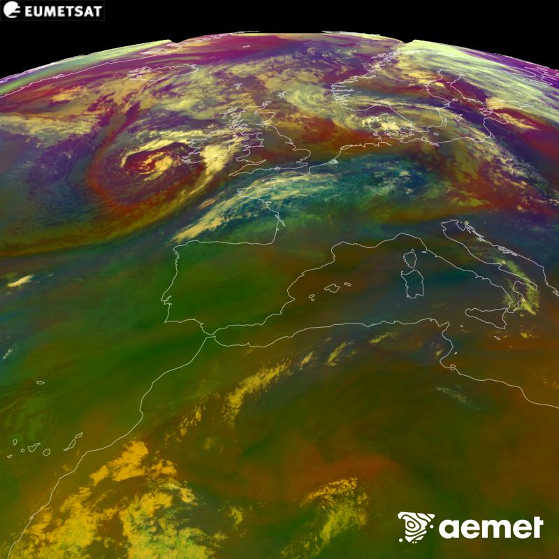 Cette image RVB est g�n�r�e � partir des donn�es des canaux infrarouges et de vapeur d'eau du satellite METEOSAT-12, qui fait partie de la troisi�me g�n�ration de satellites Meteosat (MTG). Elle donne une id�e des caract�ristiques des masses d'air. Les heures indiqu�es se rapportent � la p�ninsule (une heure de moins aux �les Canaries).&nbsp;dimanche, 30 ao�t  2026 09:00