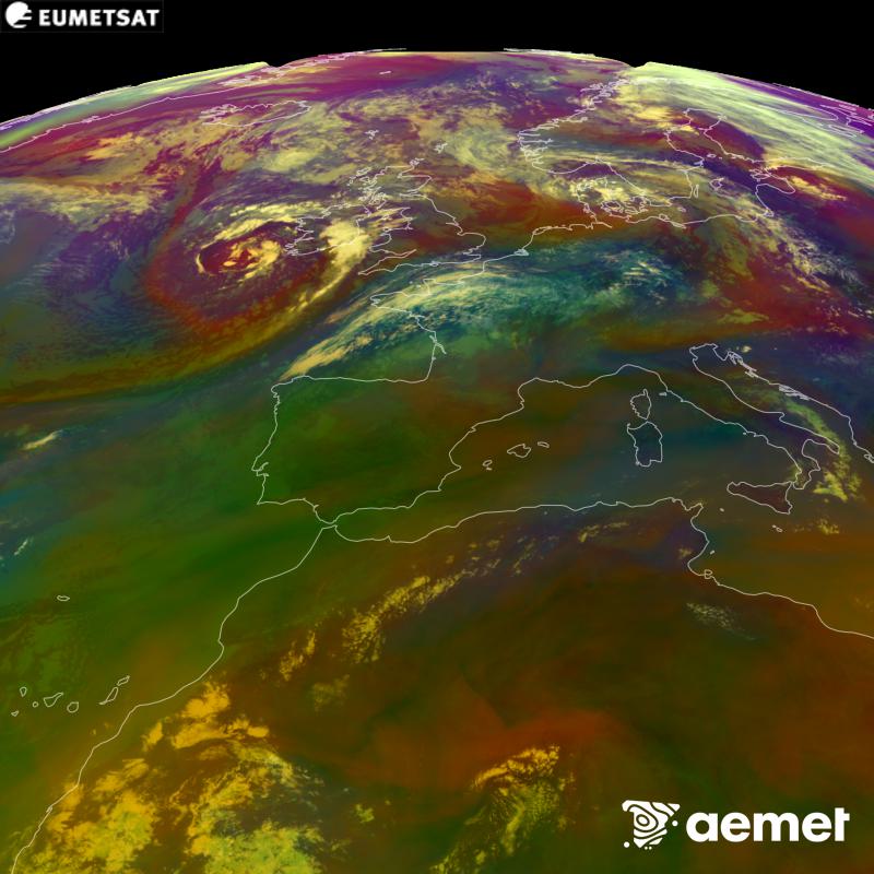 Cette image RVB est g�n�r�e � partir des donn�es des canaux infrarouges et de vapeur d'eau du satellite METEOSAT-12, qui fait partie de la troisi�me g�n�ration de satellites Meteosat (MTG). Elle donne une id�e des caract�ristiques des masses d'air. Les heures indiqu�es se rapportent � la p�ninsule (une heure de moins aux �les Canaries).&nbsp;dimanche, 30 ao�t  2026 10:00