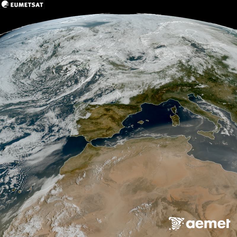 Aquesta imatge RGB es genera utilitzant informaci� dels canals visibles del sat�l�lit METEOSAT-12, pertanyent a la tercera generaci� de sat�l�lits Meteosat (MTG). Per aquest motiu, nom�s hi ha informaci� en la zona il�luminada pel sol. Ens mostra una imatge amb una aparen�a molt similar a la que percebria l'ull hum� des de l'espai. Les hores indicades es refereixen a la pen�nsula (una hora menys a les Illes Can�ries).&nbsp;diumenge, 30 d?agost  2026 10:00