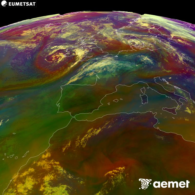 Cette image RVB est g�n�r�e � partir des donn�es des canaux infrarouges et de vapeur d'eau du satellite METEOSAT-12, qui fait partie de la troisi�me g�n�ration de satellites Meteosat (MTG). Elle donne une id�e des caract�ristiques des masses d'air. Les heures indiqu�es se rapportent � la p�ninsule (une heure de moins aux �les Canaries).&nbsp;dimanche, 30 ao�t  2026 11:00
