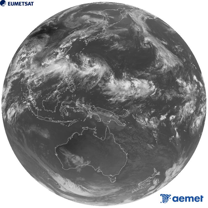 Imatge global del canal infraroig (longitud d'ona 10.4 �m) del sat�l�lit geoestacionari japon�s Himawari-9. Les hores indicades es refereixen a la pen�nsula (una hora menys a les Illes Can�ries).&nbsp;diumenge, 30 d?agost  2026 11:00