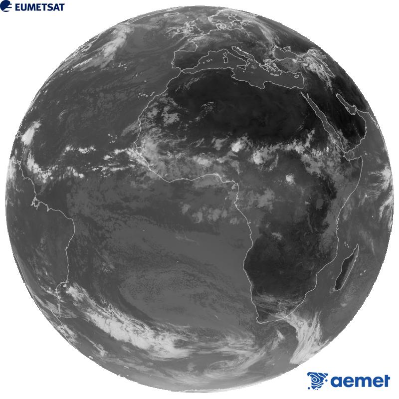 Imatge global del canal infraroig (longitud d'ona 10.5 �m) del sat�l�lit geoestacionari europeu Meteosat-12, pertanyent a la tercera generaci� de sat�l�lits Meteosat. Les hores indicades es refereixen a la pen�nsula (una hora menys a les Illes Can�ries).&nbsp;diumenge, 30 d?agost  2026 11:00