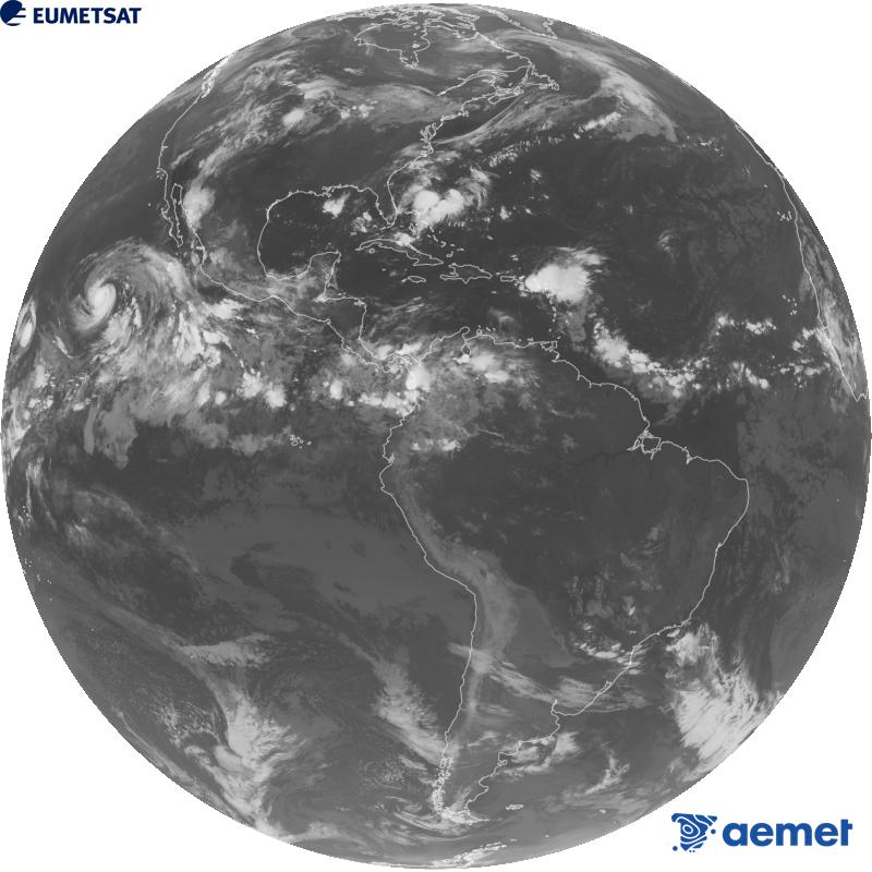 Imatge global del canal infraroig (longitud d'ona 10.3 �m) del sat�l�lit geoestacionari estatunidenc GOES-19. Les hores indicades es refereixen a la pen�nsula (una hora menys a les Illes Can�ries).&nbsp;diumenge, 30 d?agost  2026 11:00